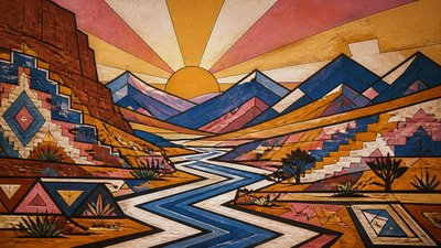 a vast valley with a river winding toward distant mountains at sunrise, no people, no text