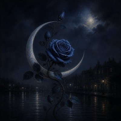 a rose entwined with a crescent moon, clean balanced composition on a plain background, no text