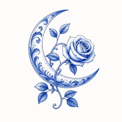a rose entwined with a crescent moon, clean balanced composition on a plain background, no text