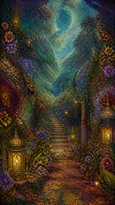 a mysterious forest path with fireflies and drifting mist, atmospheric vertical composition with open space at the top, no text