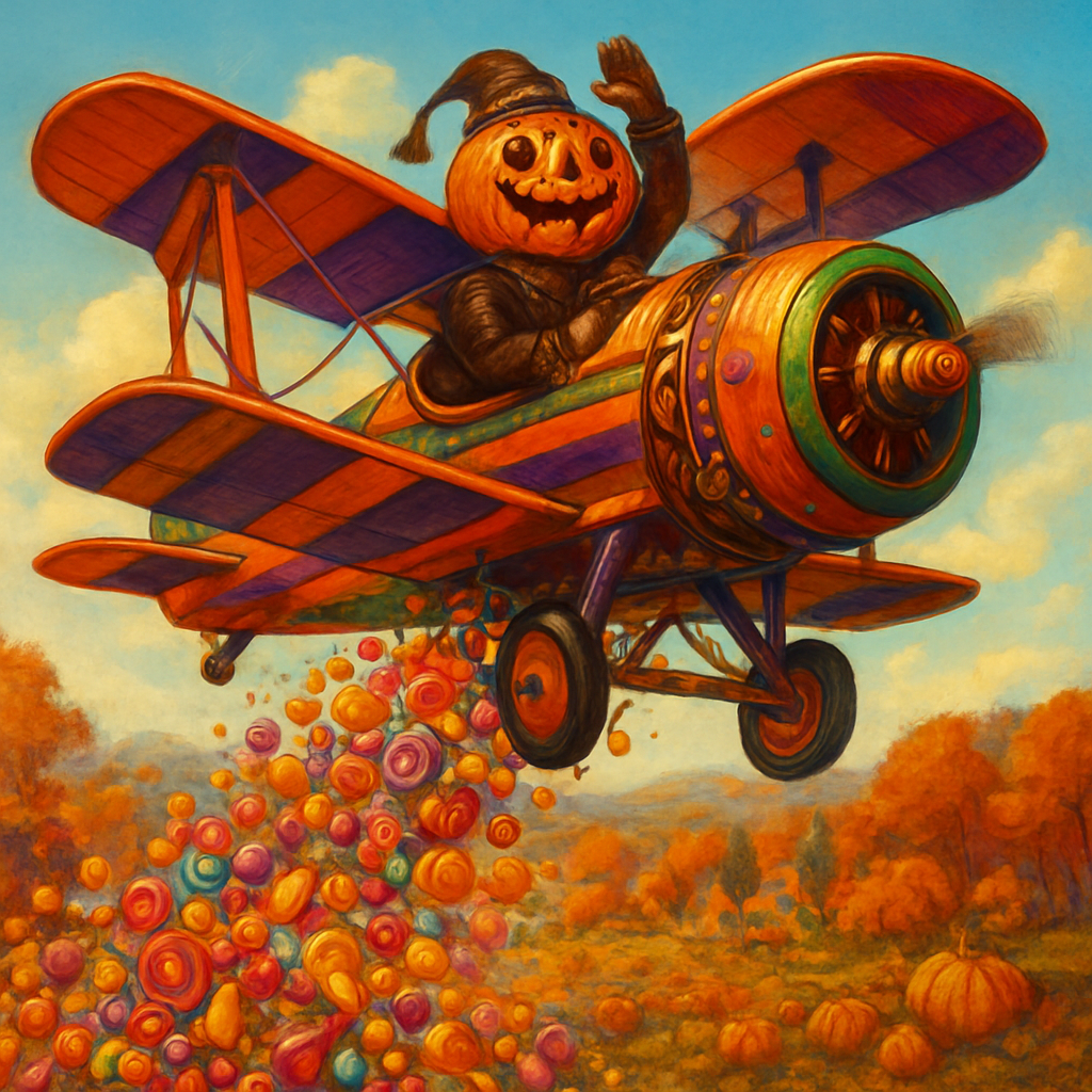 A fantastically cheerful and dynamic scene featuring the happy pumpkin-head figure (with the swirled, smiling carved face and internal glow) as the pilot of a classic, brightly colored biplane. The biplane itself is whimsically designed, perhaps with candy-themed accents or painted in vibrant, cheerful colors like orange, purple, and green.
The biplane is soaring through a clear, azure autumn sky, actively 'crop-dusting' a massive, exuberant stream of colorful Halloween candy from its underside. The candy (an abundant mix of wrapped chocolates, lollipops, candy corn, and various sweets) cascades downwards in a wide, joyous plume, spreading across the landscape below.
The landscape beneath the biplane is an idyllic, festive autumnal scene: rolling hills covered in vibrant fall foliage (golden, red, orange trees), a charming pumpkin patch, or a quaint, candy-colored village. The perspective is dynamic, capturing the plane in motion with the candy streaming behind it. The lighting is bright and sunny, emphasizing the vivid colors of the plane, the candy, and the autumn scenery. The overall mood is one of pure, unadulterated joy, playful magic, and festive exuberance, like a sugary parade from the sky." whimsical illustration, vibrant, dynamic motion, expressive character, detailed candy and plane design, festive atmosphere