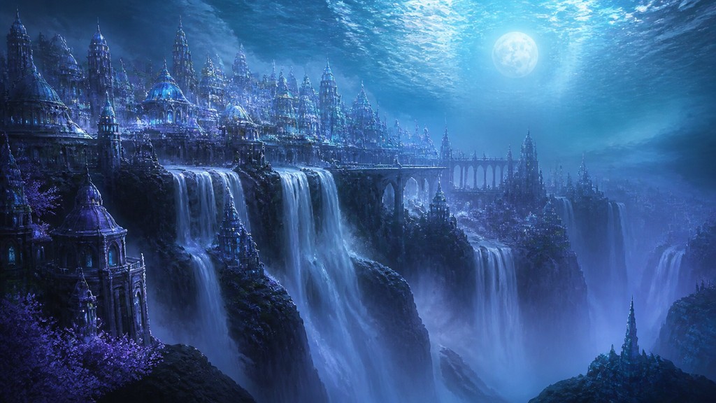 a cliffside city with waterfalls cascading into a misty canyon, wide establishing shot, no people, no text