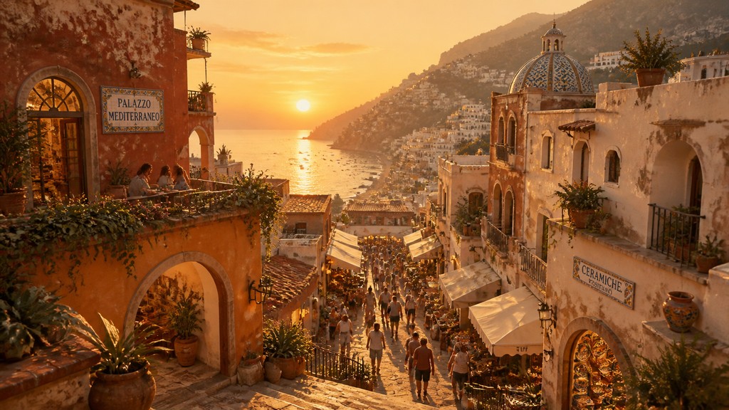 bustling city street panorama at dusk