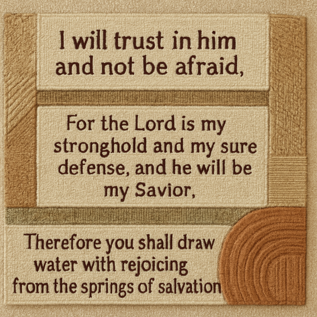 I will trust in him and not be afraid.

For the Lord is my stronghold and my sure defense, *
and he will be my Savior.

Therefore you shall draw water with rejoicing *
from the springs of salvation. 