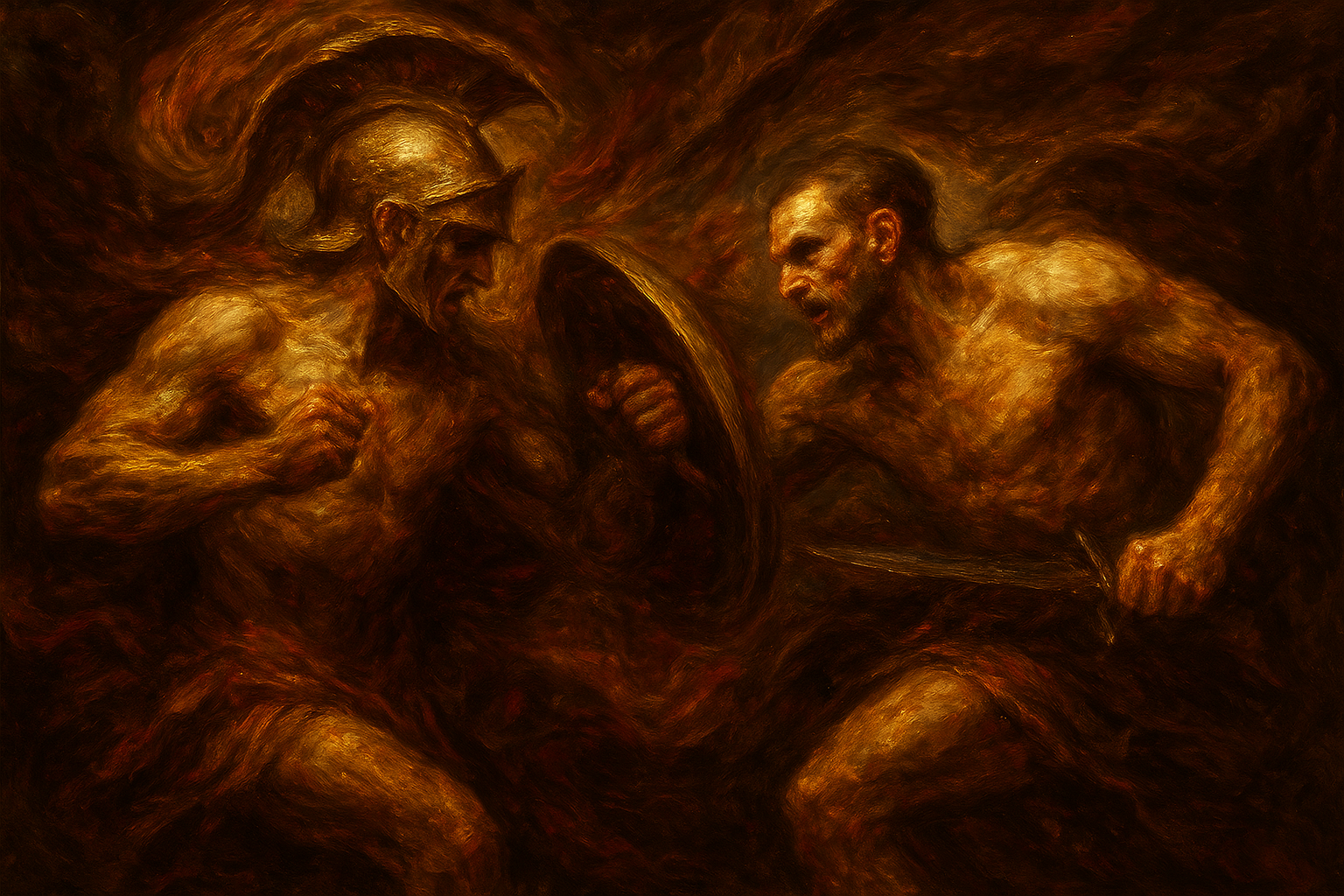 a painting of two naked men looking in a mirror