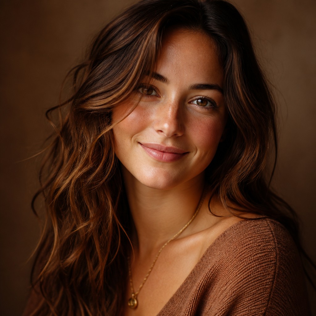 head-and-shoulders portrait of an original character: a young woman with wavy chestnut hair and a warm smile, plain soft backdrop