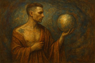 a painting of a man holding a ball