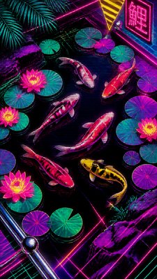a koi pond with lily pads seen from above, no people