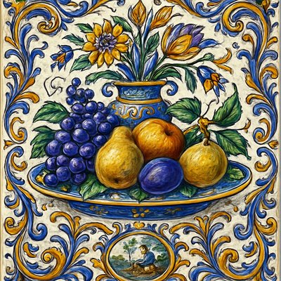 still life arrangement of fruits and flowers
