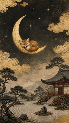 a sleeping baby fox curled on a crescent moon among soft stars, gentle and warm, no text
