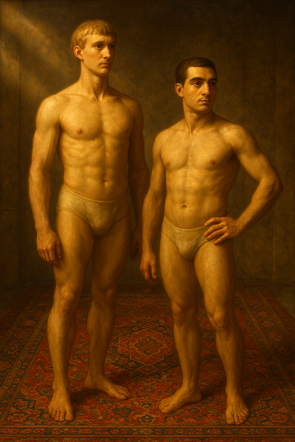 a painting of two men in underwear standing next to each other