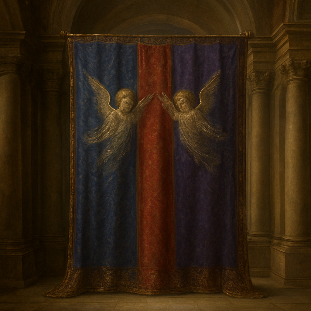 Renaissance Painting Art Style, a magnificent and awe-inspiring Veil of the Tabernacle from Exodus 26:31, hanging grandly in a sacred space. The veil is exquisitely woven from deep blue, regal purple, and vivid scarlet yarn, intertwined with finely twisted pure white linen. Intricately and skillfully woven into the fabric are detailed, majestic cherubim with outstretched wings, their forms appearing almost alive within the threads. The entire veil shimmers with a subtle, divine luminosity, catching soft, ethereal light that emphasizes its rich textures, elaborate patterns, and sacred purpose. Focus on the luxurious drape of the fabric, the vibrancy of the colors, and the dignified, ethereal presence of the cherubim.