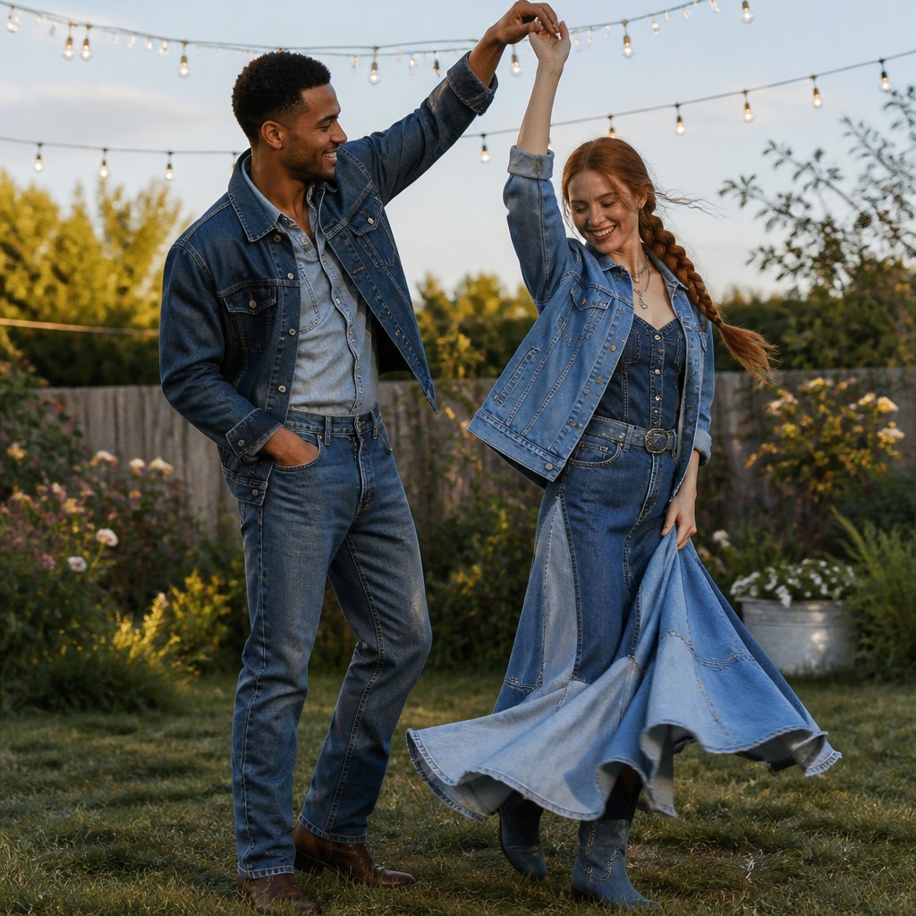 an original couple dancing under string lights in a garden at dusk: a man with short black hair in a linen shirt and a woman with braided red hair in a summer dress