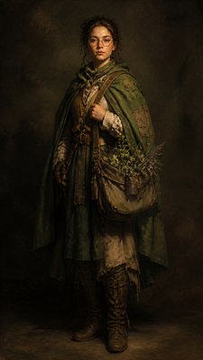 full-body original character: a wandering botanist with a satchel of plants, a patched green cloak, tall boots and round glasses, neutral background
