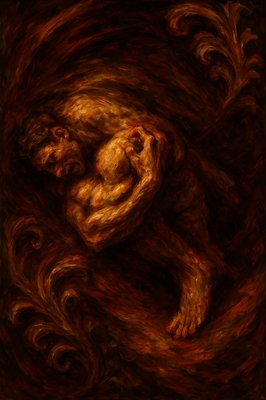 a painting of a man with his head in his hands