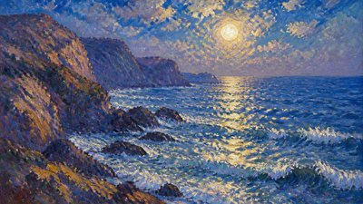 a moonlit coastline with cliffs and crashing surf, no people