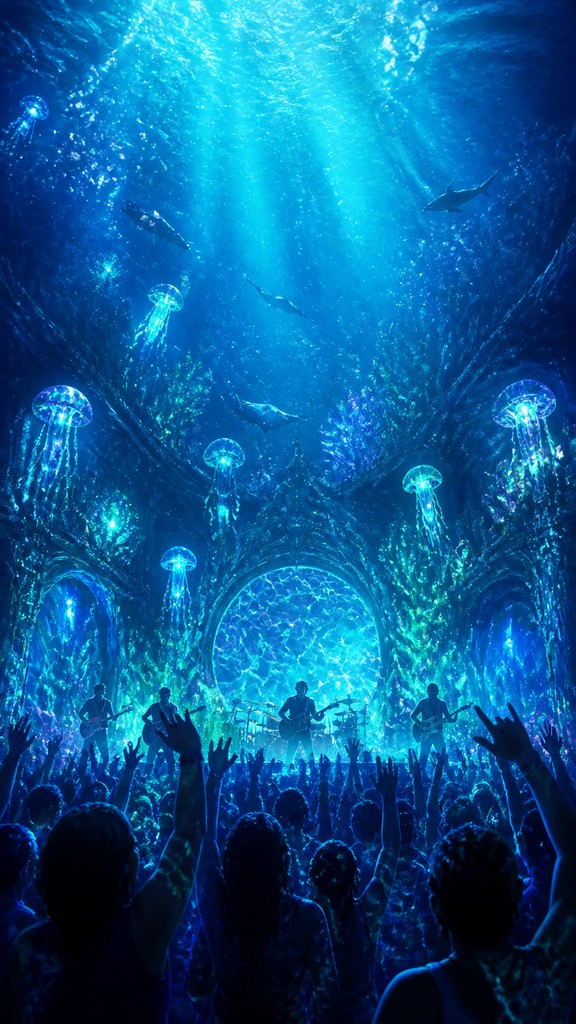 a live music scene with a glowing stage and silhouetted crowd, energetic vertical composition with open space at the top, no text