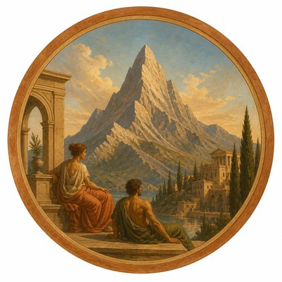 an emblem of a mountain peak inside a circle, simple bold shapes on a plain background, no text or lettering