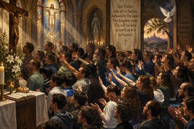 a painting of a group of people in a church