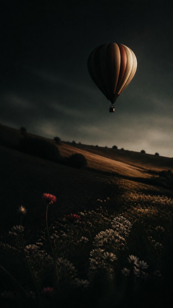 a hot air balloon drifting over rolling flower fields on a sunny day, cheerful, no text