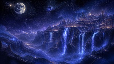 a cliffside city with waterfalls cascading into a misty canyon, wide establishing shot, no people, no text