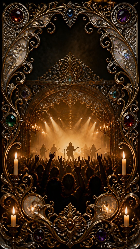 a live music scene with a glowing stage and silhouetted crowd, energetic vertical composition with open space at the top, no text