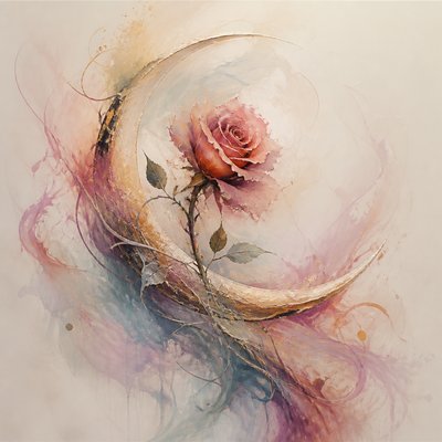 a rose entwined with a crescent moon, clean balanced composition on a plain background, no text