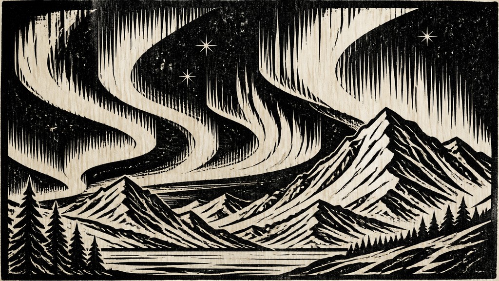 a flowing aurora over snowy peaks, wide sweeping composition, no people, no text