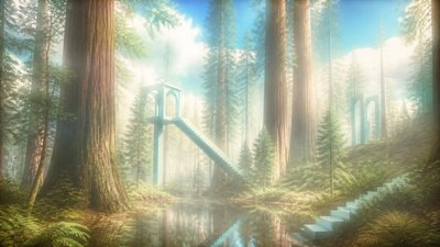 a panoramic redwood forest with light rays through mist, no people