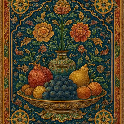 still life arrangement of fruits and flowers