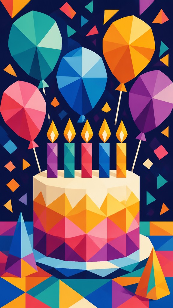 a birthday cake with lit candles surrounded by balloons and confetti, festive vertical composition, no text
