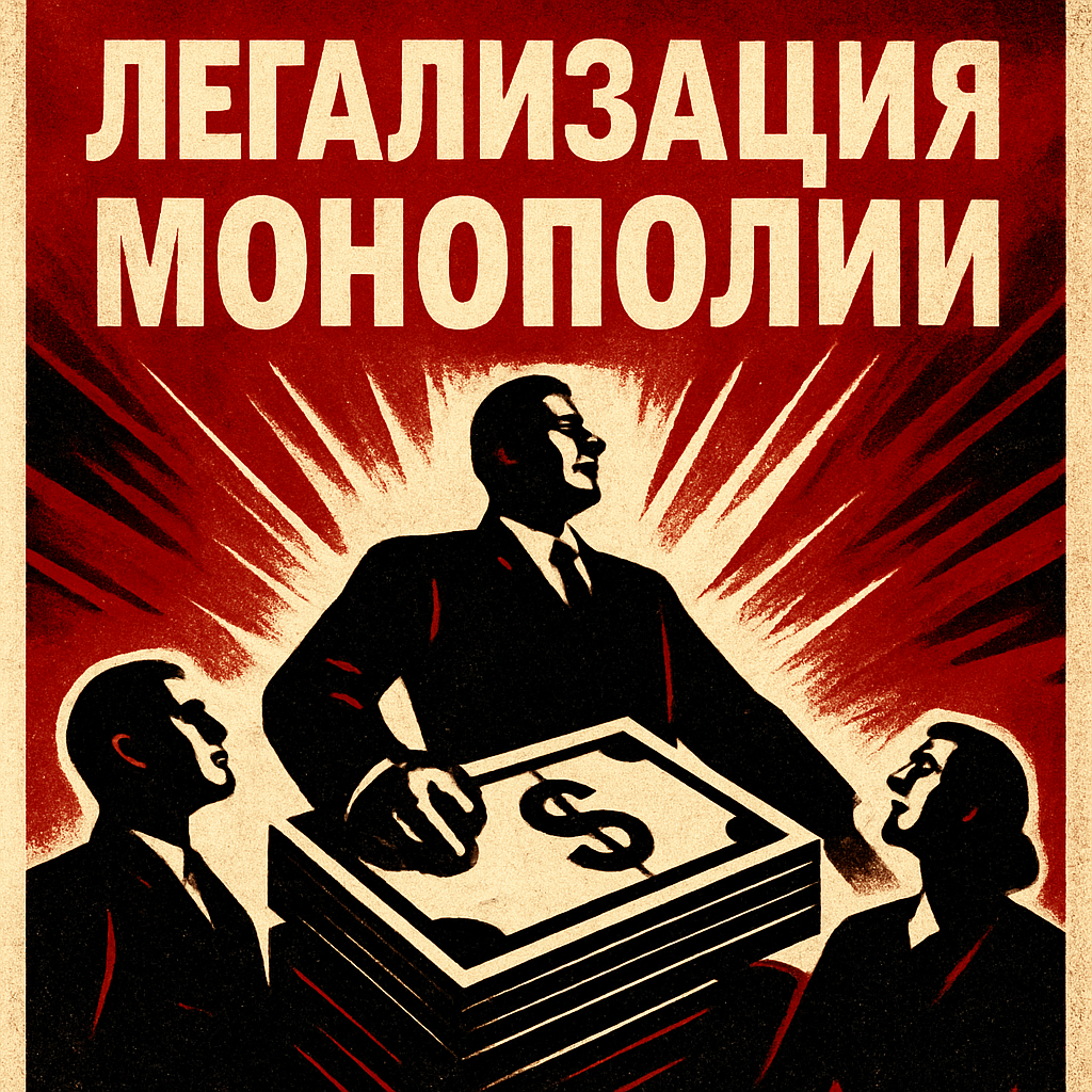агитационный плакат с поправкой в 34 статью конституции РФ. Суть поправки: легализация монополии. Посредине изображения человечки и деньги, словами написано "Легализация монополии"
весь текст на русском языке, минимум текста, больше картинок, символов