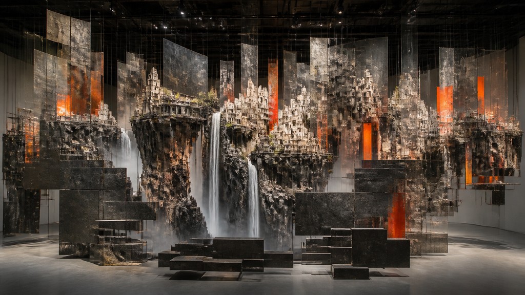 a cliffside city with waterfalls cascading into a misty canyon, wide establishing shot, no people, no text