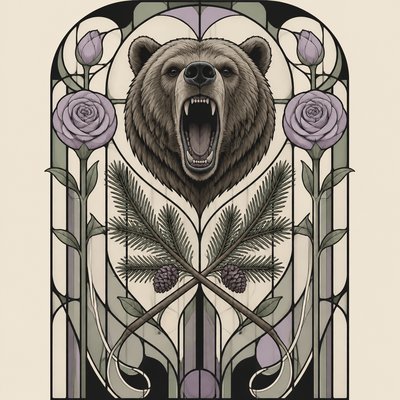 a roaring bear head above crossed pine branches, bold graphic composition on a plain background, no text