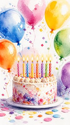 a birthday cake with lit candles surrounded by balloons and confetti, festive vertical composition, no text