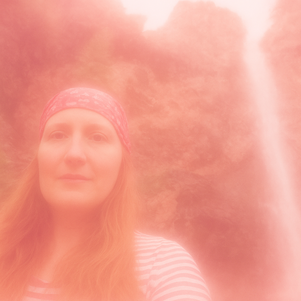 a woman with red hair wearing a headband