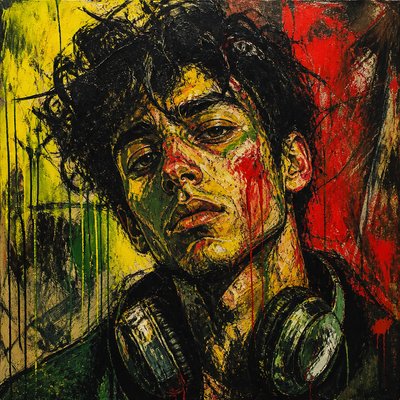 head-and-shoulders portrait of an original character: a young man with curly dark hair and headphones around his neck, plain backdrop, no text