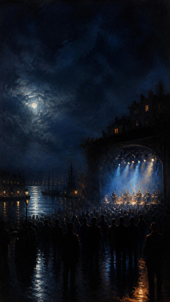 a live music scene with a glowing stage and silhouetted crowd, energetic vertical composition with open space at the top, no text