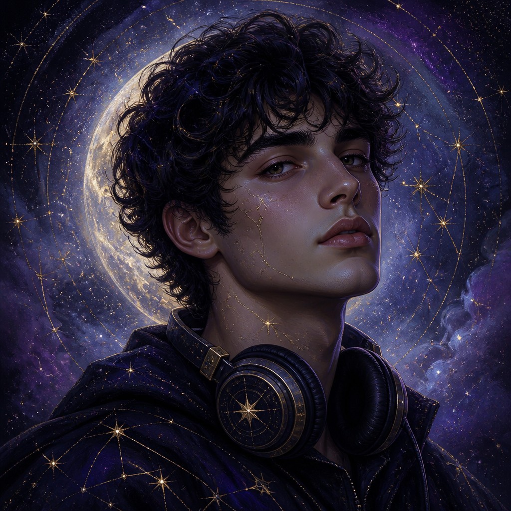 head-and-shoulders portrait of an original character: a young man with curly dark hair and headphones around his neck, plain backdrop, no text