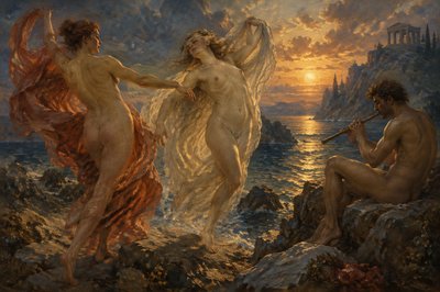 two ancient greek dancers by the sea and a flute player sitting on a rock with out clothes 
