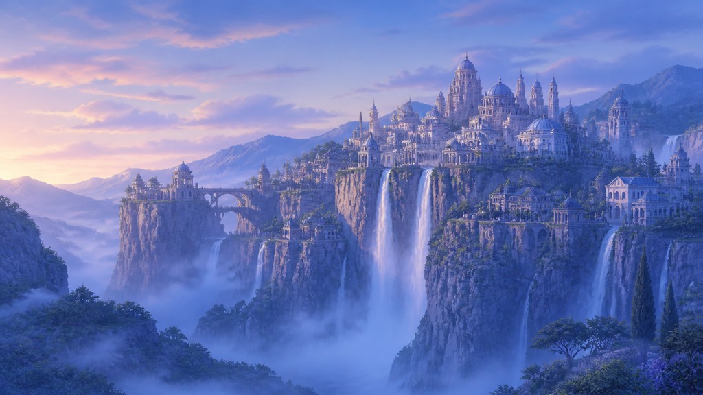 a cliffside city with waterfalls cascading into a misty canyon, wide establishing shot, no people, no text