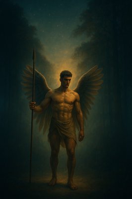 a painting of a man with wings holding a spear