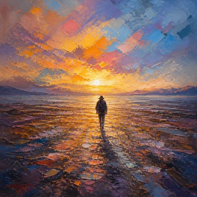 a solitary figure walking toward a glowing horizon across an empty plain, moody atmosphere, no text or lettering