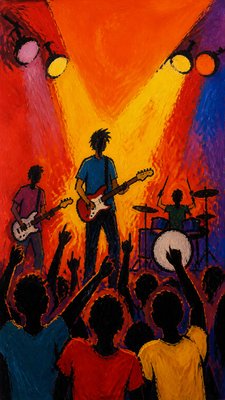 a live music scene with a glowing stage and silhouetted crowd, energetic vertical composition with open space at the top, no text