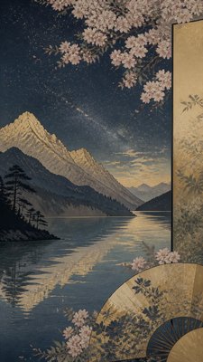 a tranquil mountain lake beneath a starry night sky, no people, no text