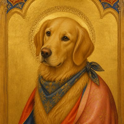 portrait of a golden retriever wearing a blue bandana, warm plain backdrop, no text