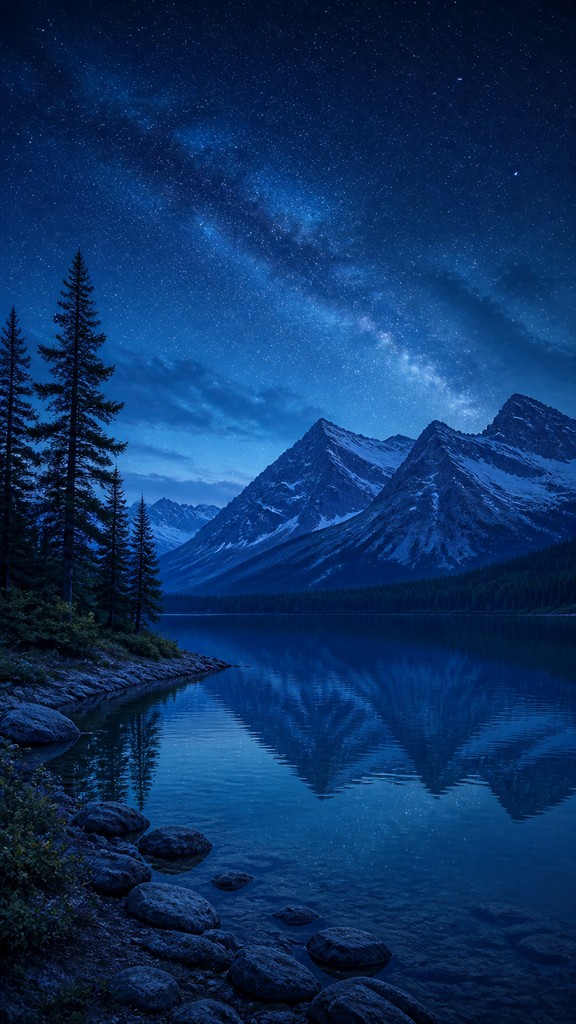 a tranquil mountain lake beneath a starry night sky, no people, no text
