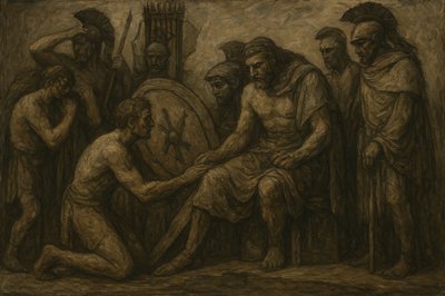 a drawing of a group of men in a cave