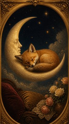 a sleeping baby fox curled on a crescent moon among soft stars, gentle and warm, no text