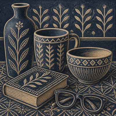 still life with everyday objects — Sgraffito Art Style